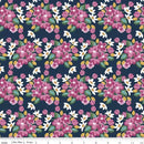 Floral pattern with pink flowers and green leaves on a navy background