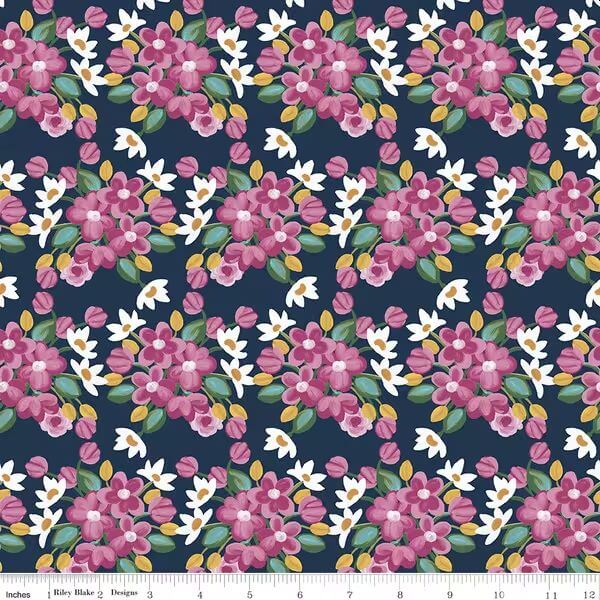 Floral pattern with pink flowers and green leaves on a navy background