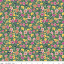 Floral fabric pattern with pink, yellow, and purple flowers on a green background.