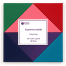 A pack of Supreme Solids fabric layers for quilting, with a label indicating 10" x 10" layers, 42 cuts, and the brand Choice Fabrics.