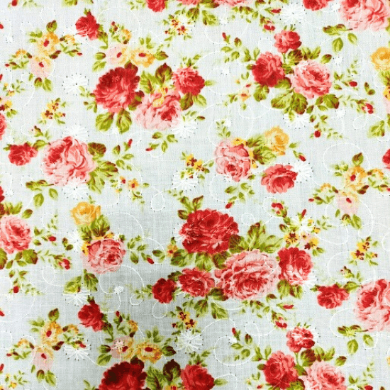 Embroidered Eyelet - Cabbage Rose - Red/Pink