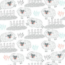 Pattern of cartoon sheep with a fence and grass on a white background