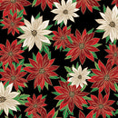 Poinsettias In Bloom Black  Cotton 44"/45" Fabric Per Yard