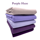 Stack of folded fabrics in various purple shades with 'Purple Haze' text above.