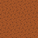 A fabric with a small, repeating pattern featuring spooky spinners in a rust color.