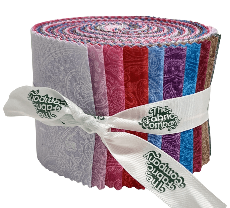 Roll of fabric with colorful pattern and 'The Fabric Company' branding on a white background
