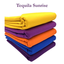 Stack of colorful fabrics with 'Tequila Sunrise' text on a white background