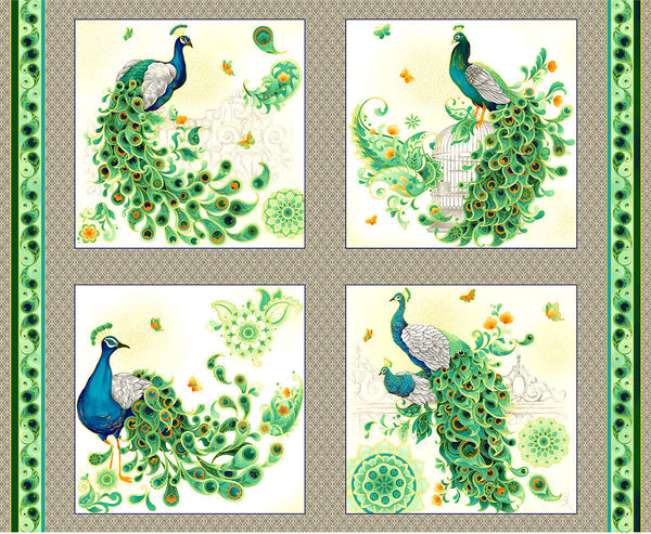 Imperial Garden - Metallic Peacock Panel (36" x 44")