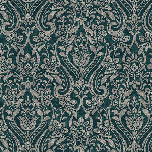 Hummingbirds and Honeysuckle - Damask (Teal/Grey)