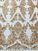 Damask Wing Design Embroidered Heavy Beaded Lace on 54" Mesh Fabric.