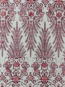 Floral 3D Palm Damask with Glitter in a Mesh Lace| New Creations Fabric & Foam Inc.