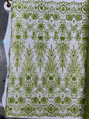 Floral 3D Palm Damask with Glitter in a Mesh Lace| New Creations Fabric & Foam Inc.