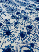 Floral 3D Palm Damask with Glitter in a Mesh Lace| New Creations Fabric & Foam Inc.
