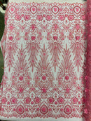 Floral 3D Palm Damask with Glitter in a Mesh Lace| New Creations Fabric & Foam Inc.