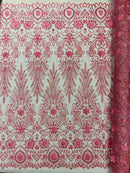Floral 3D Palm Damask with Glitter in a Mesh Lace| New Creations Fabric & Foam Inc.