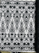 Floral 3D Palm Damask with Glitter in a Mesh Lace| New Creations Fabric & Foam Inc.