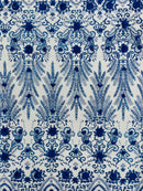 Floral 3D Palm Damask with Glitter in a Mesh Lace| New Creations Fabric & Foam Inc.