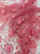 Floral 3D Palm Damask with Glitter in a Mesh Lace| New Creations Fabric & Foam Inc.