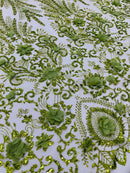 Floral 3D Palm Damask with Glitter in a Mesh Lace| New Creations Fabric & Foam Inc.
