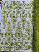 Floral 3D Palm Damask with Glitter in a Mesh Lace| New Creations Fabric & Foam Inc.