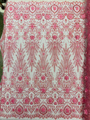Floral 3D Palm Damask with Glitter in a Mesh Lace| New Creations Fabric & Foam Inc.