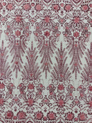 Floral 3D Palm Damask with Glitter in a Mesh Lace| New Creations Fabric & Foam Inc.
