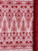 Floral 3D Palm Damask with Glitter in a Mesh Lace| New Creations Fabric & Foam Inc.