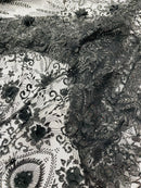 Floral 3D Palm Damask with Glitter in a Mesh Lace| New Creations Fabric & Foam Inc.