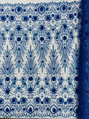 Floral 3D Palm Damask with Glitter in a Mesh Lace| New Creations Fabric & Foam Inc.