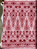 Floral 3D Palm Damask with Glitter in a Mesh Lace| New Creations Fabric & Foam Inc.