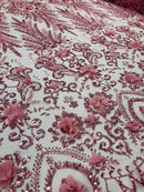 Floral 3D Palm Damask with Glitter in a Mesh Lace| New Creations Fabric & Foam Inc.