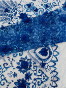 Floral 3D Palm Damask with Glitter in a Mesh Lace| New Creations Fabric & Foam Inc.