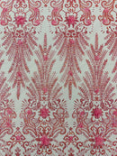 Floral 3D Palm Damask with Glitter in a Mesh Lace| New Creations Fabric & Foam Inc.