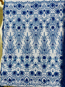 Floral 3D Palm Damask with Glitter in a Mesh Lace| New Creations Fabric & Foam Inc.