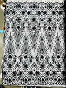 Floral 3D Palm Damask with Glitter in a Mesh Lace| New Creations Fabric & Foam Inc.