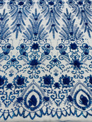 Floral 3D Palm Damask with Glitter in a Mesh Lace| New Creations Fabric & Foam Inc.