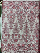 Floral 3D Palm Damask with Glitter in a Mesh Lace| New Creations Fabric & Foam Inc.