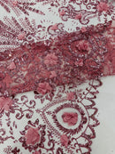 Floral 3D Palm Damask with Glitter in a Mesh Lace| New Creations Fabric & Foam Inc.