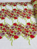 Roses Multi Color Floral Design Embroider On Mesh Lace Fabric| New Creations Fabric & Foam Inc.