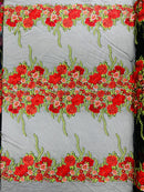 Roses Multi Color Floral Design Embroider On Mesh Lace Fabric| New Creations Fabric & Foam Inc.