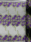 Roses Multi Color Floral Design Embroider On Mesh Lace Fabric| New Creations Fabric & Foam Inc.