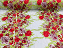 Roses Multi Color Floral Design Embroider On Mesh Lace Fabric| New Creations Fabric & Foam Inc.