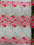 Roses Multi Color Floral Design Embroider On Mesh Lace Fabric| New Creations Fabric & Foam Inc.