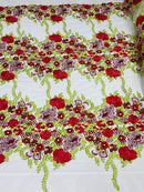 Roses Multi Color Floral Design Embroider On Mesh Lace Fabric| New Creations Fabric & Foam Inc.