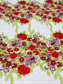 Roses Multi Color Floral Design Embroider On Mesh Lace Fabric| New Creations Fabric & Foam Inc.