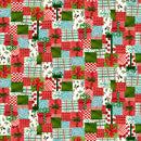 A patterned fabric featuring various Christmas-themed designs such as snowmen, presents, and holiday motifs on a red and white background.